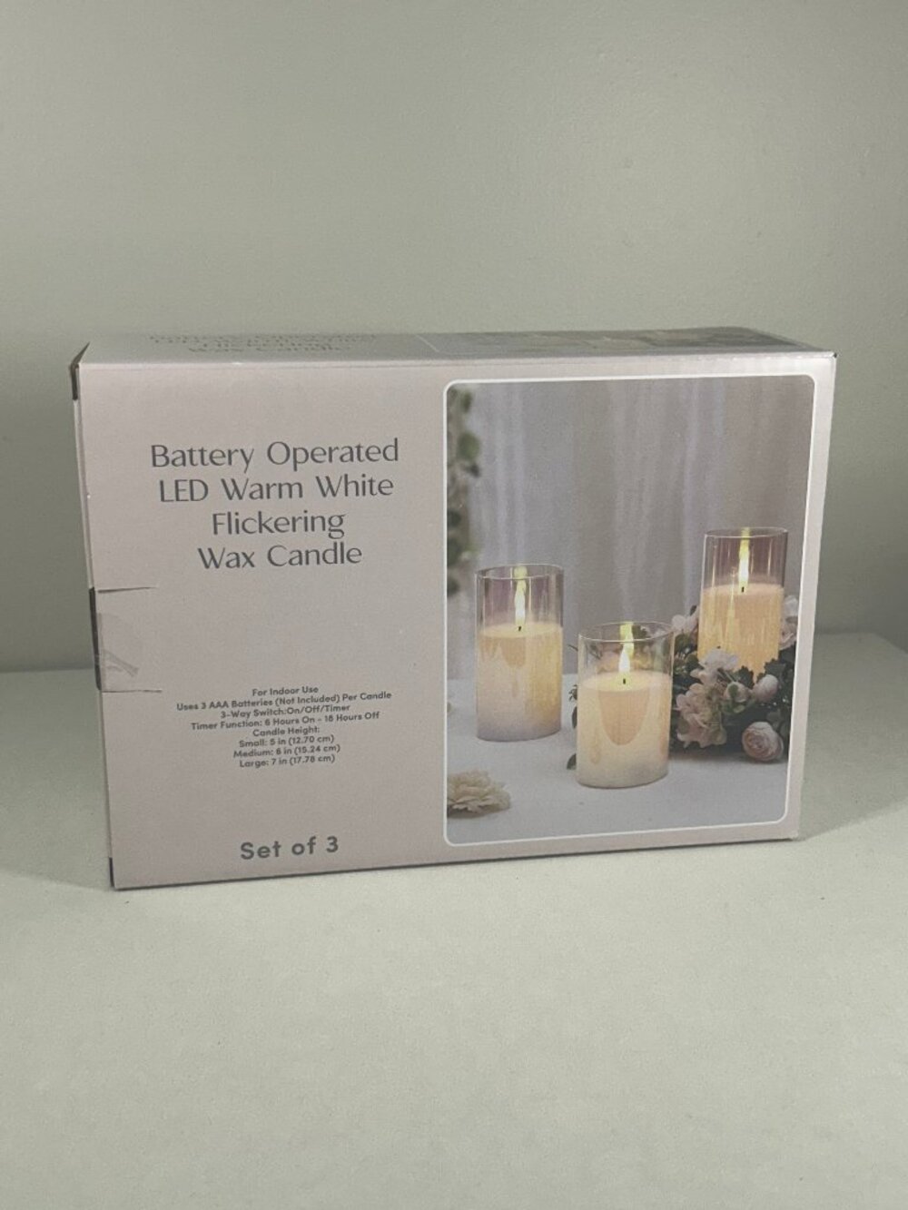 Set of 3 Battery Operated LED Warm White Flickering Flameless Wax Candles Glass